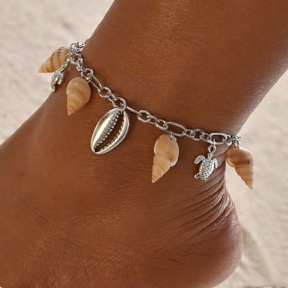 ⚡ 925 Silver Plated Turtle Starfish Sea Shell Conch Anklet, MARR9326 - Picture 6 of 6